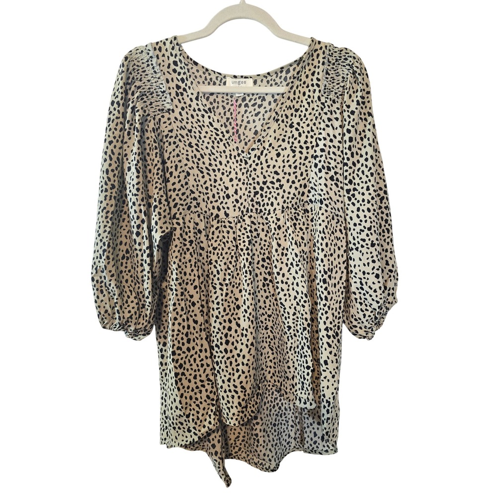 Umgee leopard Print High Low Blouse Tan Black V-Neck Balloon Sleeve Small New